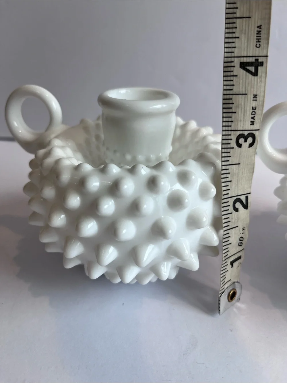 Vintage Fenton Hobnail Milk Glass Candlestick Holders Finger Loop Pair